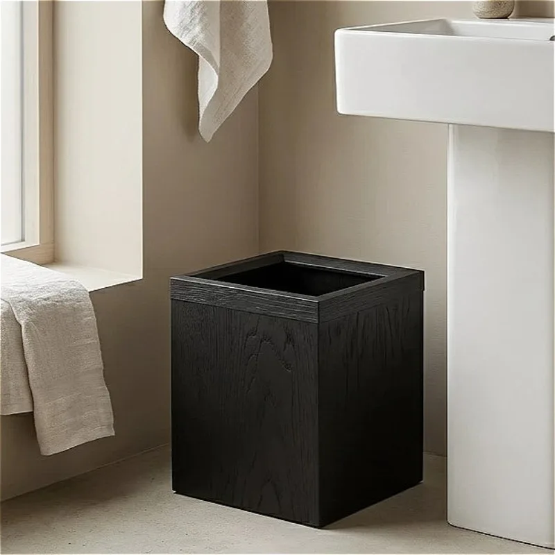 Solid Wood Trash Can Portable Movable Rectangular Bathroom Trash Cans Minimalist Creative Waste Bins Household Wastes Bins
