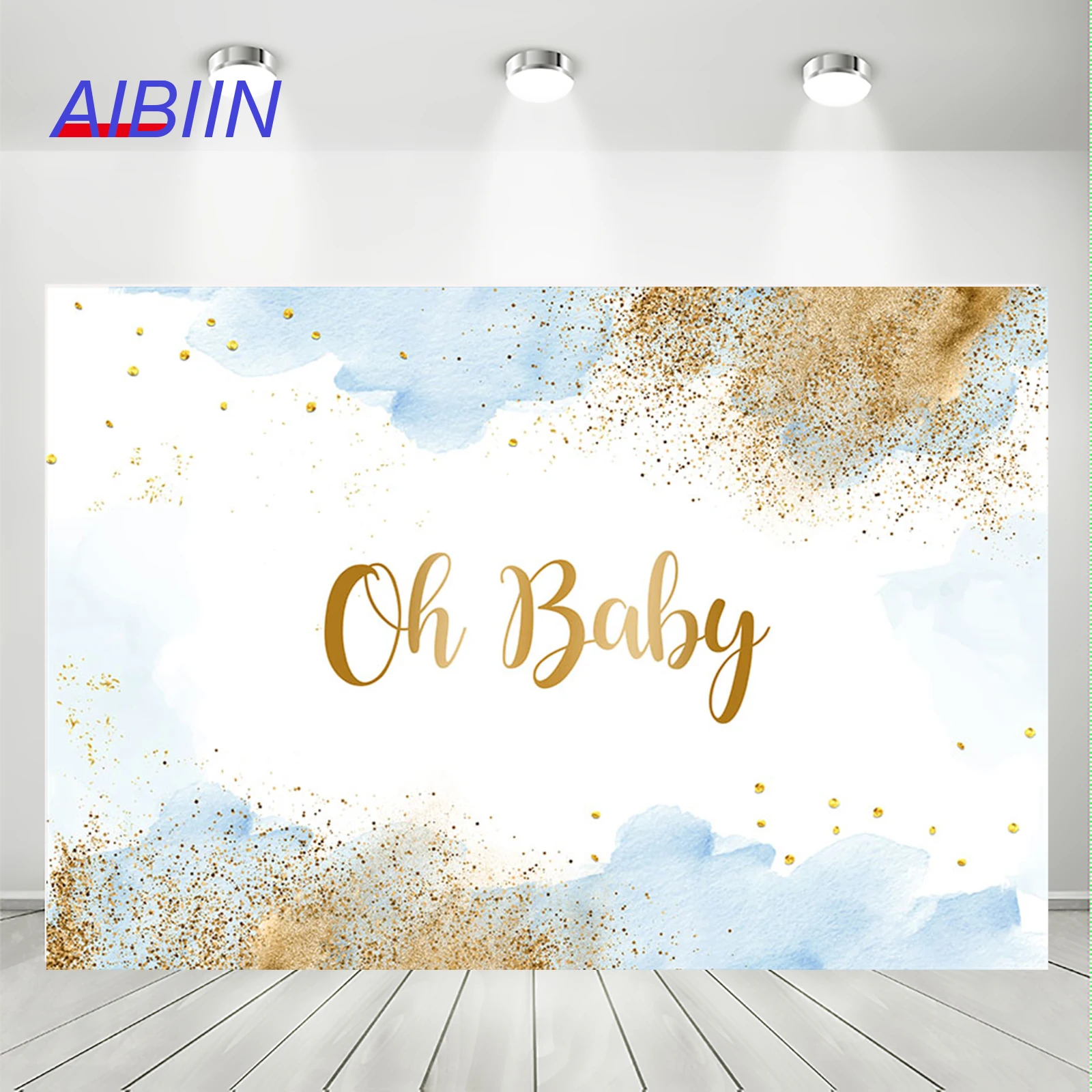 

AIBIIN Oh Baby Photography Background Boys Girls Watercolor Pastel Cloud Gold Glitter Baby Shower Backdrop Party Decorations