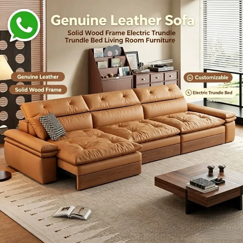 Electric Multi-Functional Real Leather Single Sofa Bed, Modern Minimalist Headlayer Cowhide Sofa for Small Living Room