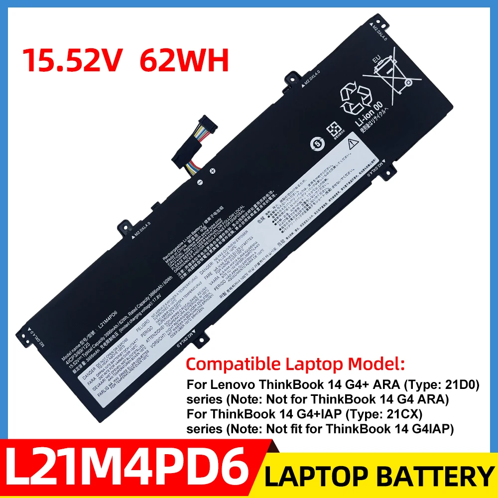 

Новый аккумулятор для ноутбука L21M4PD6 15.52V 3995mAh 62WH для Lenovo ThinkBook 14 G4+ IAP ARA L21D4PD6 L21L4PD6 L21C3PD5 L21L3PD5 SB11E402