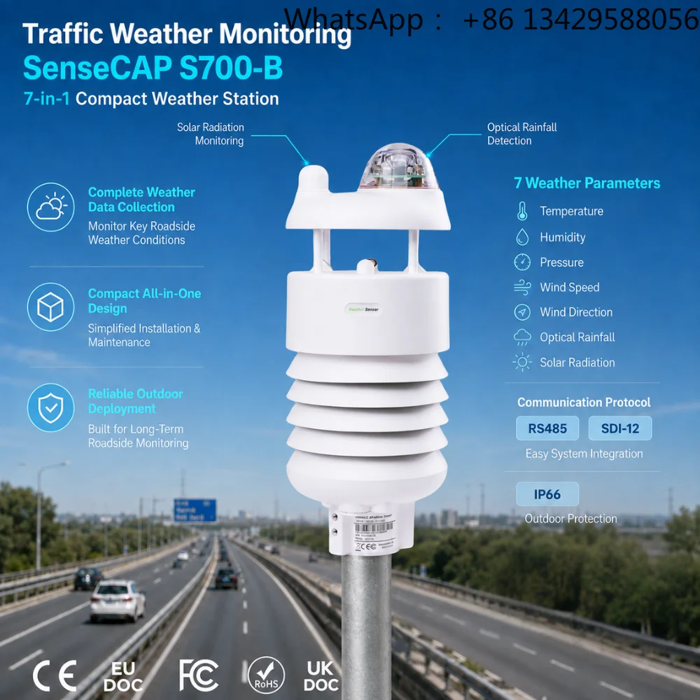 SenseCAP S700-B 7-in-1 Compact Traffic Weather Station RS485 Modbus SDI-12 for Highway and Roadside Weather Monitoring