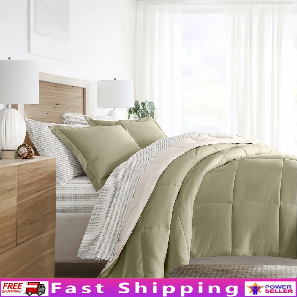 

5 Piece Reversible Comforter and Patterned Sheet Set Twin Bedding Bundle Soft Microfiber Cozy Warm Stylish Sleep Essentials