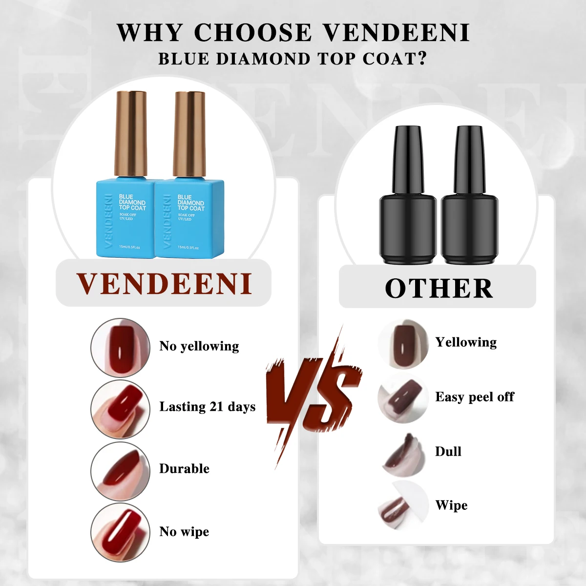 ヴェンディーニ ODM/OEM 無料カスタムプライベートデザイン 新トレンド ブルーダイヤモンド トップコート ジェルネイルポリッシュ 15ml スーパーシャイン ダイヤモンドトップコート