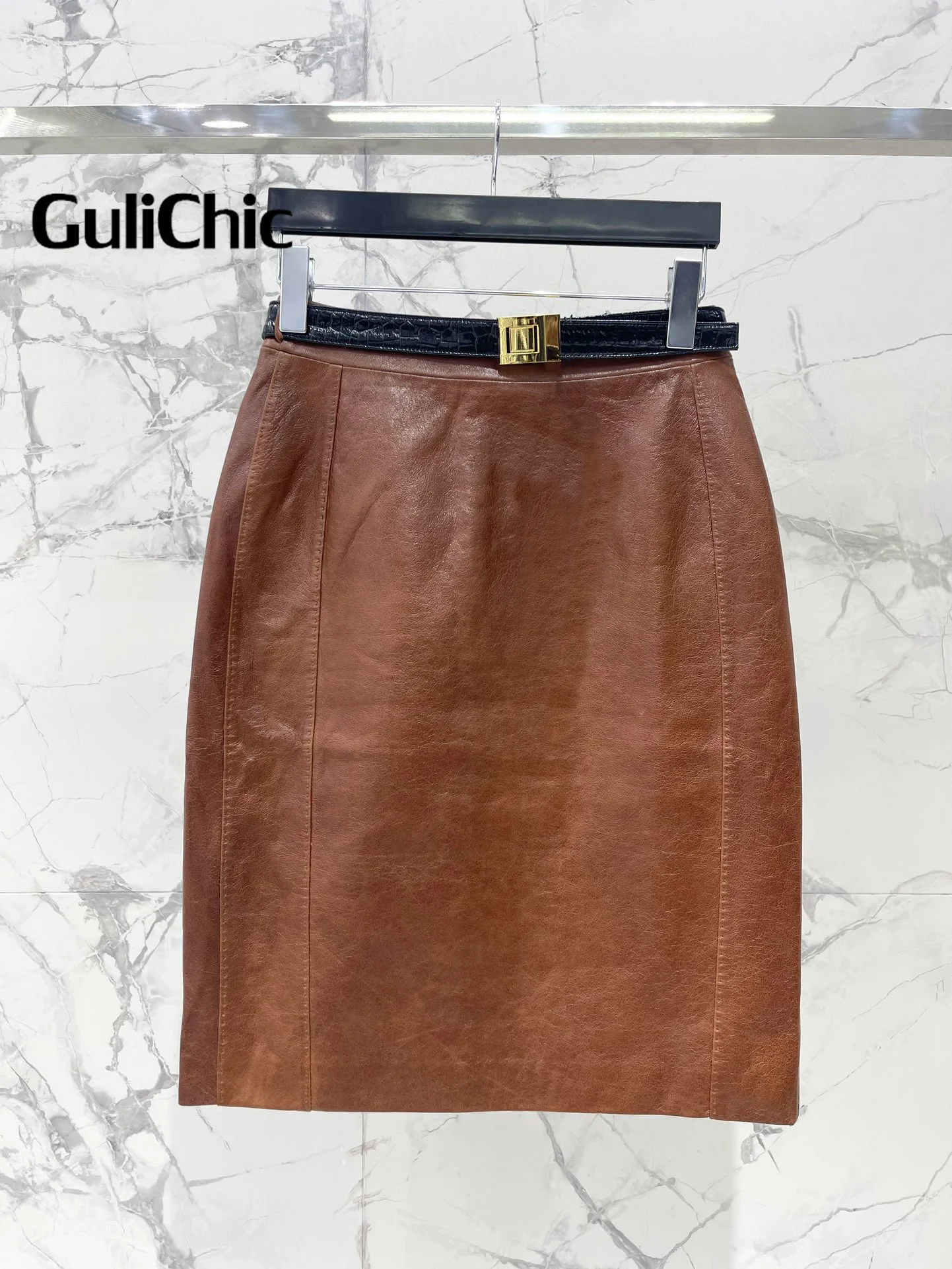 Gulichic-エレガントな女性用本革スカート,手縫い,気質パッケージ,ベルト付き膝丈スカート,8.9