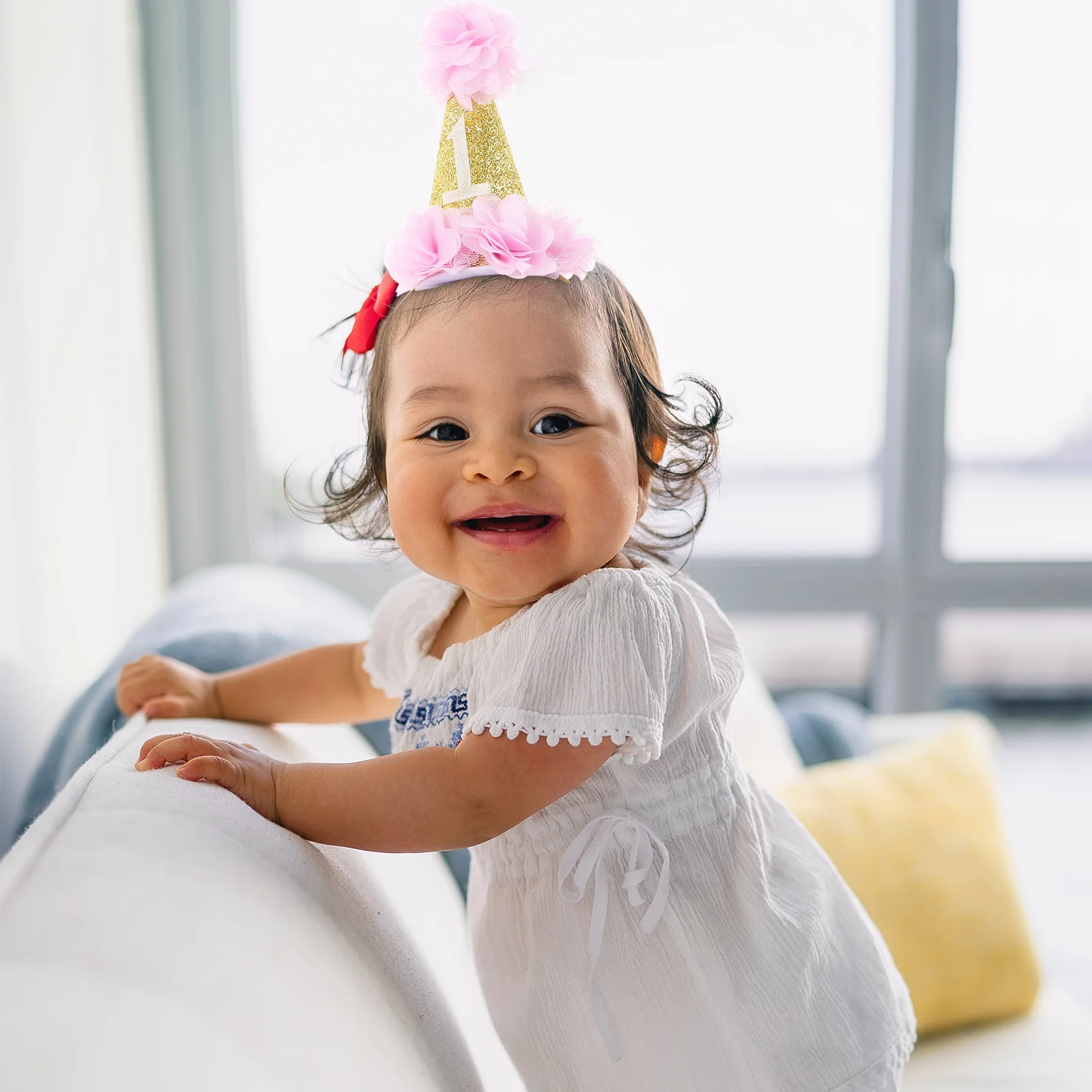 عصابة رأس على شكل تاج لعيد الميلاد الأول للفتيات الصغيرات باللون الوردي، خفيفة الوزن وأنيقة على شكل زهرة ذهبية، قبعة للحفلات، عصابة رأس على شكل تاج للأطفال