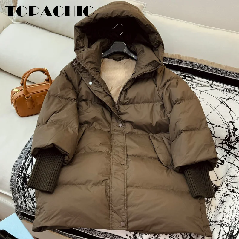 9.5 TOPACHIC-Women Winter New Hooded Zipper Mid-Length Down Jacket Ribbed Knit Cuff Spliced Long Sleeve Loose Down Outerwear