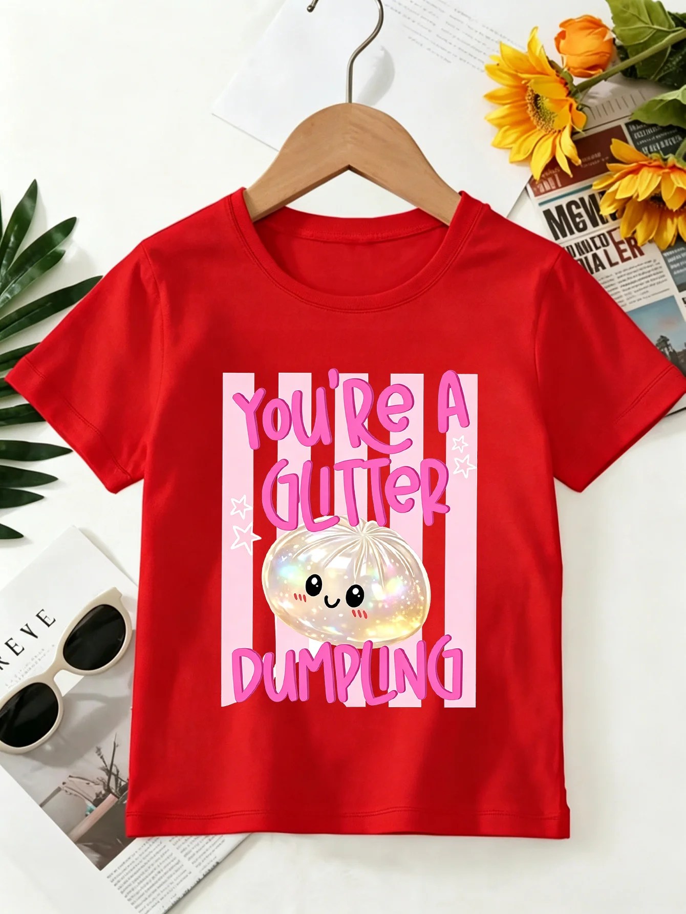 Glitter Dumpling Tee Cute Cartoon Food Letter Print Boys Girls Family Matching Cotton Summer Short Sleeve Basic Children Tshirt