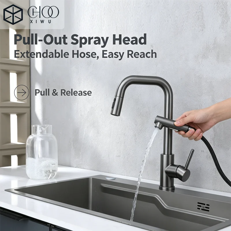 304 stainless steel kitchen faucet, hot and cold water, universal pull-out type, vegetable washing basin sink faucet, cross-bord