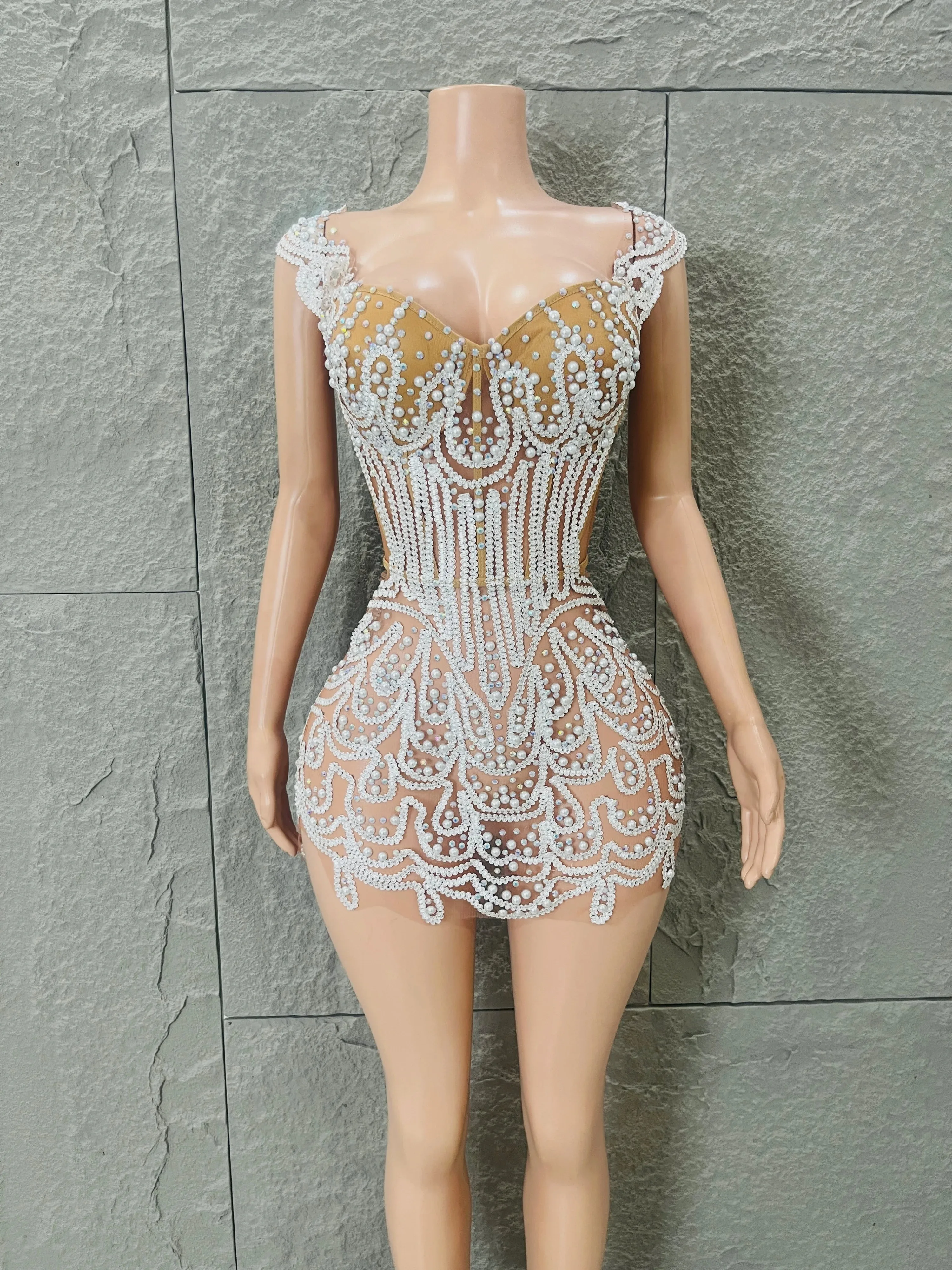 

Lurong Adult White Pearls Sequins Silk/Cotton Ballet Party Dress Women Celebrity Style Festival Evening Ball Gown Stage Catwalk