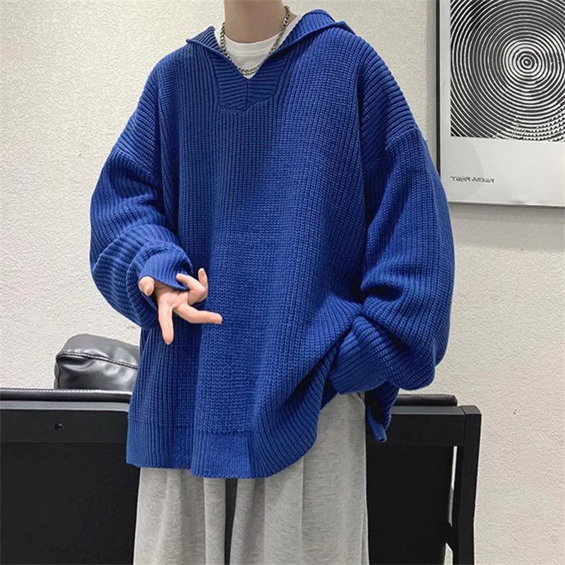 

Мужской свитер-худи в стиле ретро, цвет Klein Blue, весенне-осенний, вязаный, свободного кроя, повседневный, удобный, с длинными рукавами, V-образный вырез