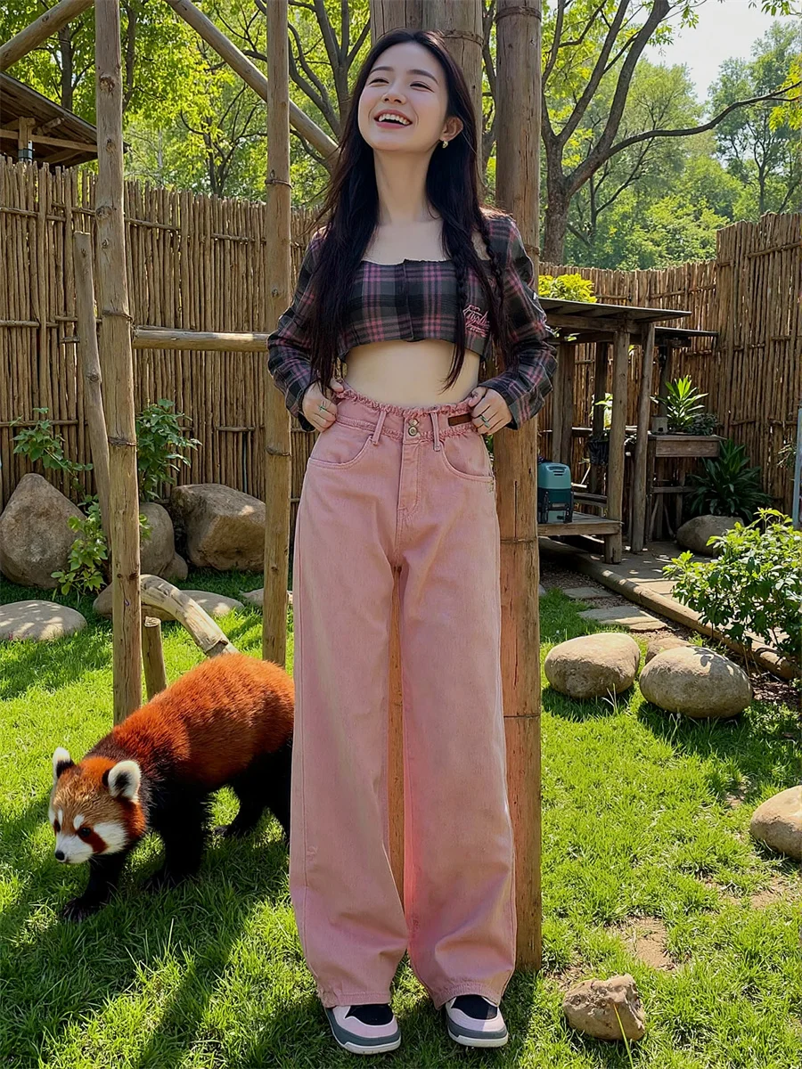 

Широкие джинсы с высокой талией для девочек, джинсовые брюки, женская одежда, летняя потертая полоска, Harajuku, отпускной курорт, однотонная эластичная BF