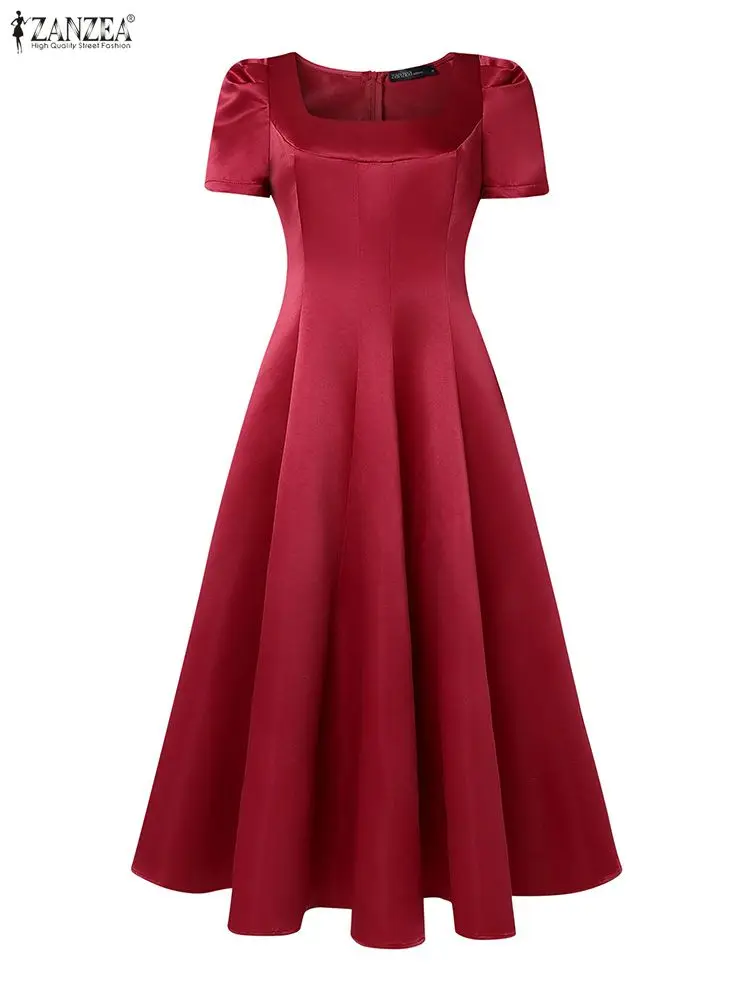 ZANZEA Elegante Abito per Party di Nozze Delle Donne di Raso di Seta Lungo Vestito Estivo 2026 Estate Manica Corta Colletto Quadrato Sexy Solido Vestido Robe