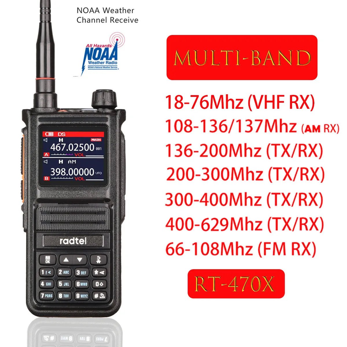 

Radtel RT-470X Многодиапазонная рация для радиолюбителей 256CH Air Band Двусторонняя радиостанция Авиация NOAA Полицейский морской приемопередатчик PTT