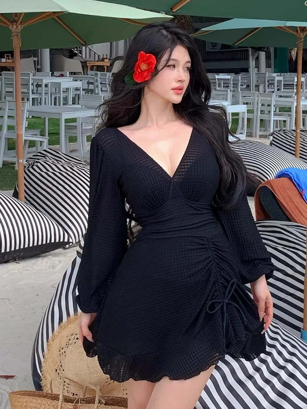 Sexy Thermal Spring V-Neck Long Sleeve One-Piece Swimsuit Women's Skirt Style Steel Support Slimming Black plus Size