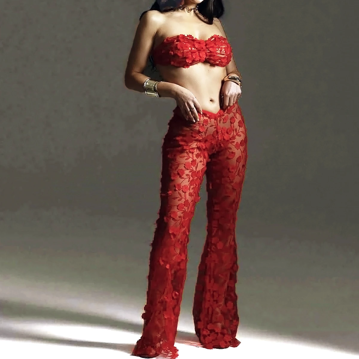 

European And American New Red Three-dimensional Flower Perspective Design Sexy Fishtail Underwear Set Three Piece Set
