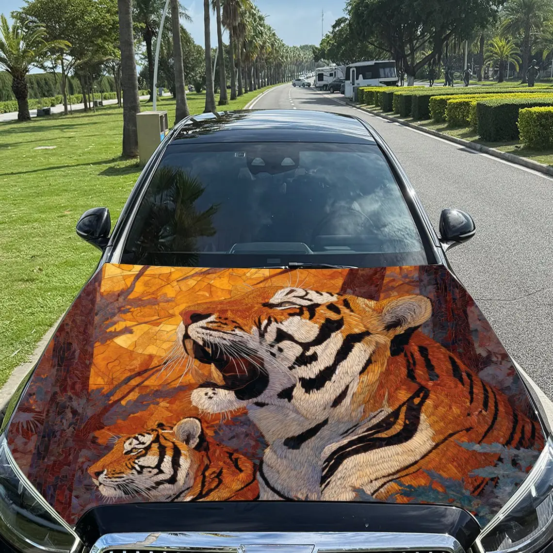 Car Decals Two Tigers with Vibrant Orange Fur, Dynamic Roaring Expressions, and a Bold, Colorful Background Car Hood Sticker, Wa
