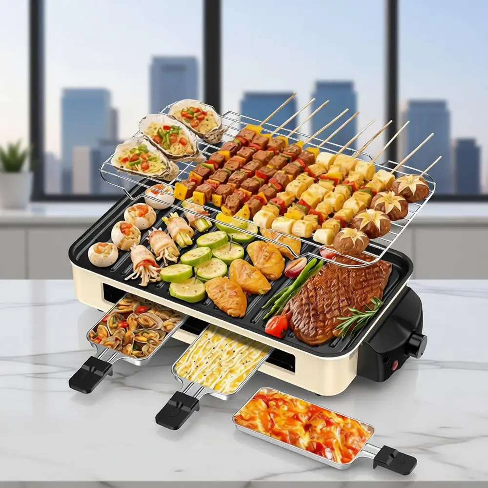 Parrilla eléctrica para interiores 1500W -2 en 1 SmokelIndoor Grill o cocina con parrilla extraíble antiadherente y placa de plancha, Con de temperatura