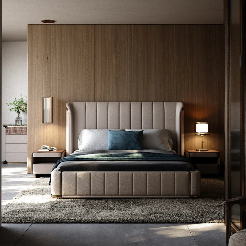 Italian Leather Bed Romantic Comfortable Adult High Quality Square Bed Queen Double Headboards Letto Matrimoniale Furniture