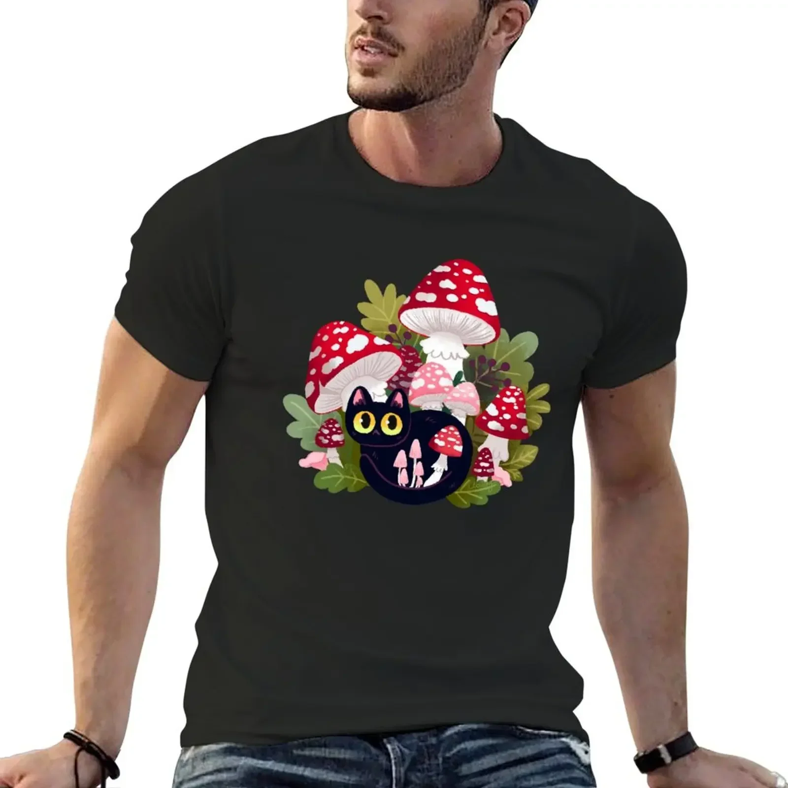 Cat with mushrooms (again) T-Shirt Aesthetic clothing Blouse customizeds plain white t shirts men