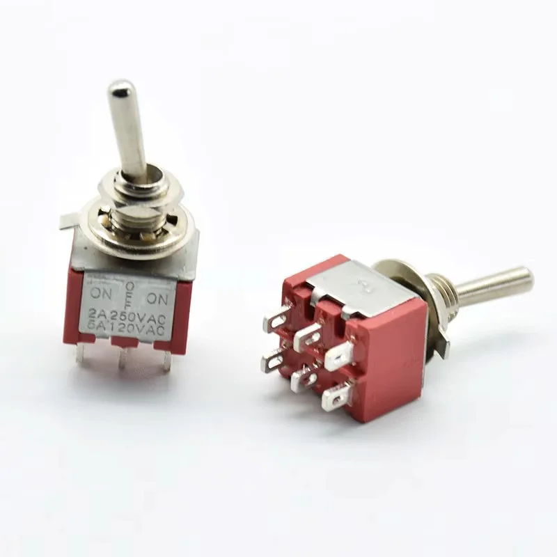 5Pcs Red Toggle Switch Mini MTS-202 ON/ON ON/OFF/ON DPDT Latching 2A 250VAC / 5A 120VAC 6 Pins With Solder Terminal waterproof