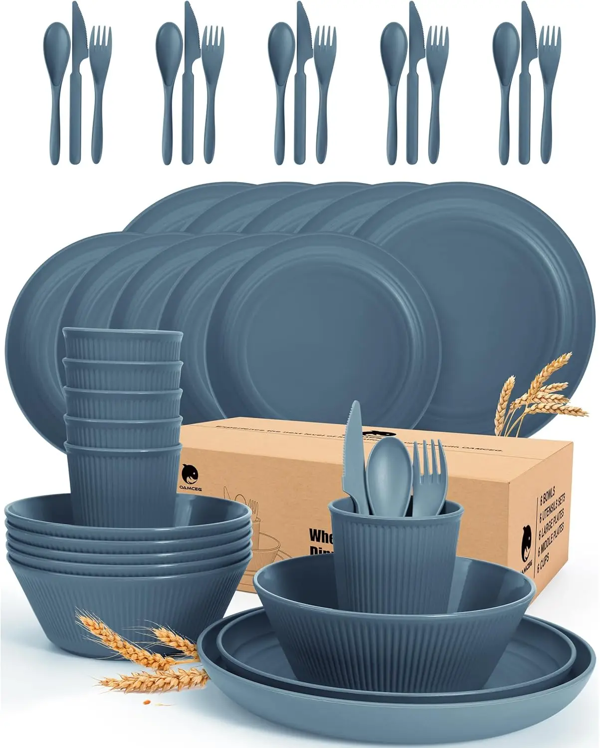 

Wheat Straw Dinnerware Sets 42 Pcs, Plastic Wheatstraw Plates and Bowls Sets Kitchen Set for 6, Unbreakable Dishwasher Microwave