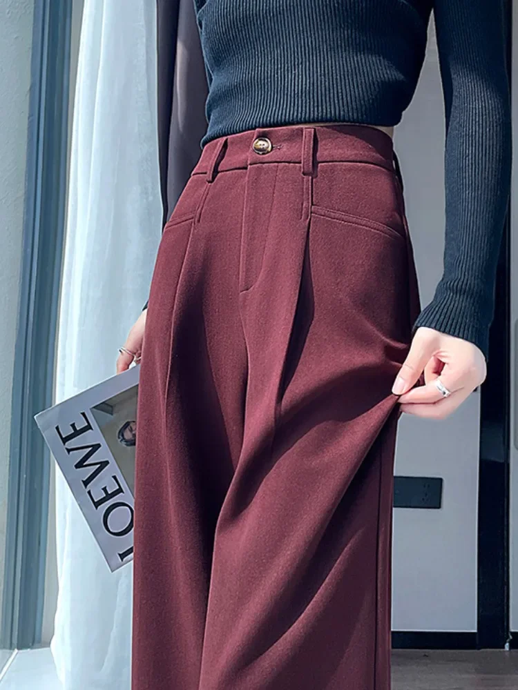 Women 2025 Autumn Winter New Loose Wide-leg Suit Pants Female Thick High Waist Leisure Pant Ladies Woolen Straight Trousers W229