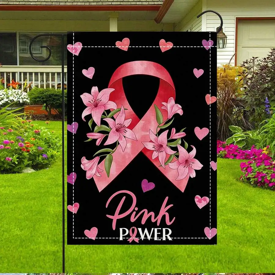 

2D-Flat Print Garden Flag, Pink Ribbon Print, Breast Cancer Decor, 30x45cm, Flagpole Not Included