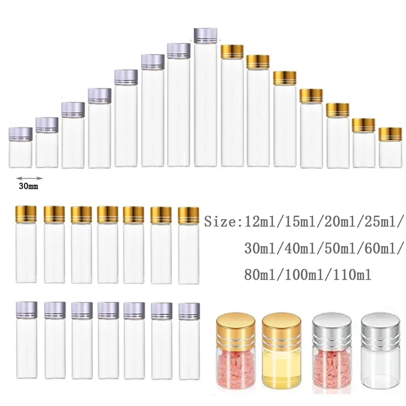 

50 шт. 12 мл-110 мл пустая прозрачная алюминиевая крышка стеклянная бутылка многоразового использования DIY прямой контейнер с плоским дном для украшения подарков на вечеринку