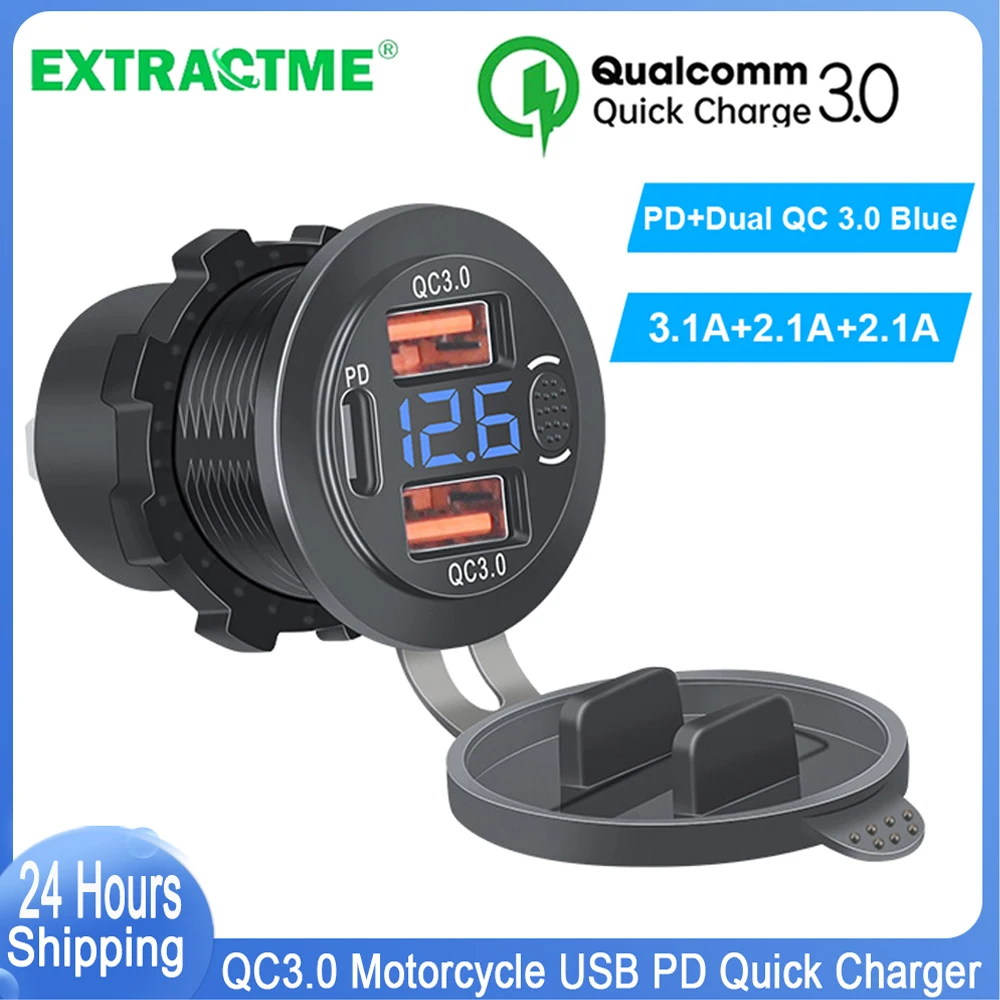 Extractme QC3.0 دراجة نارية شاحن يو اس بي 12 فولت مقبس مقاوم للماء خلية المقود محول شاحن سريع مع ملحقات محرك الفولتميتر