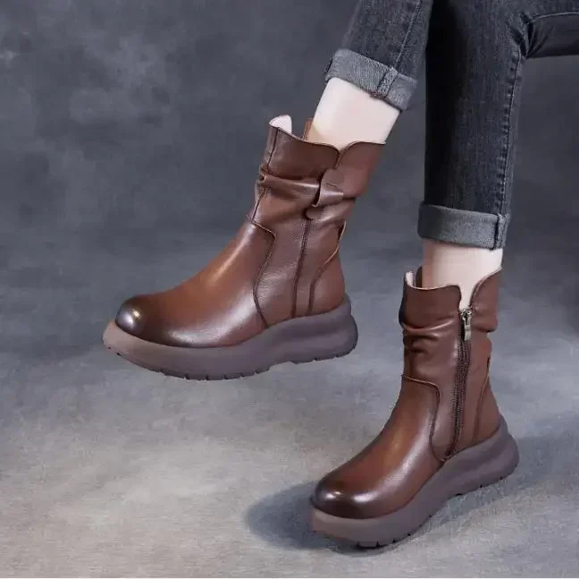 Qualidade superior 5cm mulheres meados de bezerro botas de couro genuíno plissado lado zip retro plataforma cunhas 2025 inverno botas quentes tamanho grande 43