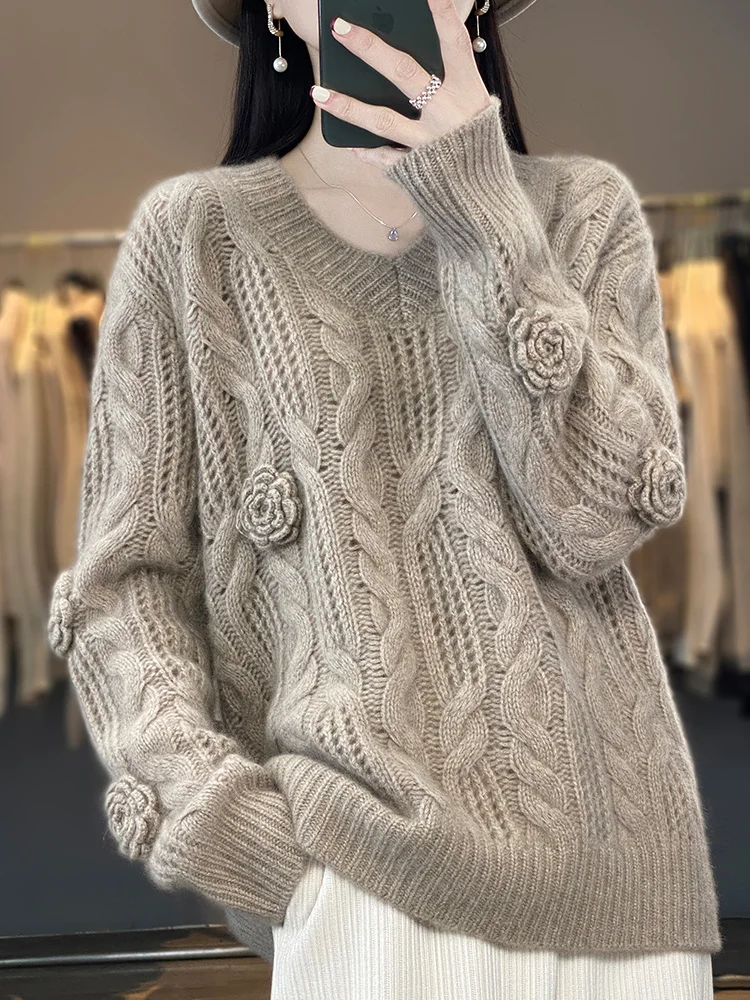 New Arrivals Large Size 100% Merino Wool Hollow Out Women's Sweater O-Neck Pullovers Knitted Jumpers Lady Clothes Fashion Trends