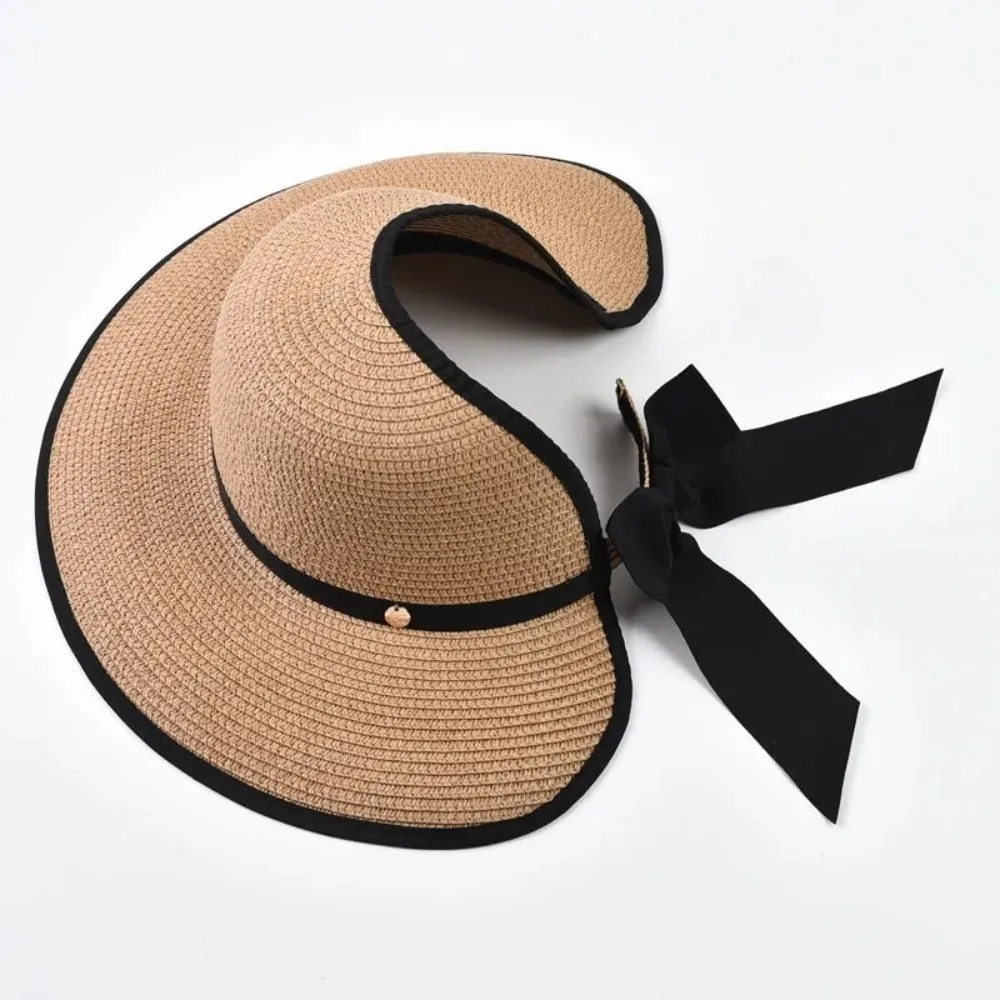 Eleganter runder Sommer-Strohhut mit großer Krempe, Schleifendesign, offener Kopf, Sonnenhut, UV-Schutz, faltbar, breite Krempe für Damen