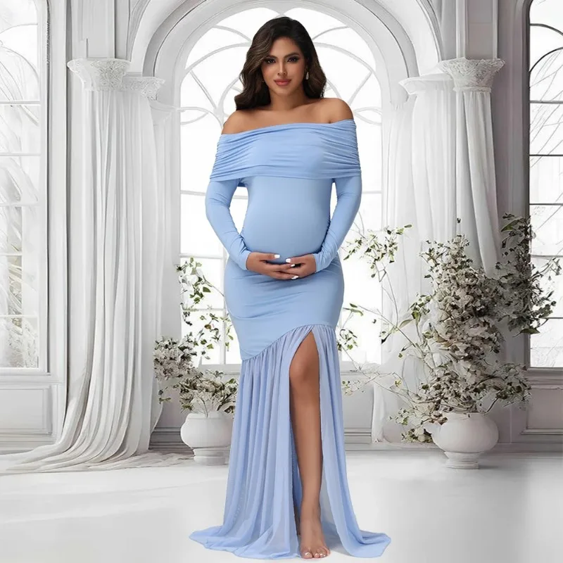 Umstandskleider für Fotoshooting, schulterfrei, mit Schlitzen, Fischschwanzsaum, Babyparty-Kleidung für schwangere Frauen, Abendparty, elegantes Kleid