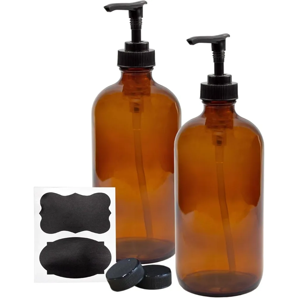 

16 oz Amber Glass Bottle with Pump Dispenser (2 Pack); Refillable Toner Liquid Soap Pump Brown Bottle Label