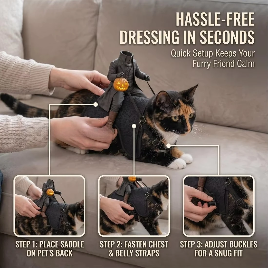 Kostüm für Katzen im Stil des Kopflosen Reiters – lustige 3D-Katzen-Halloween-Kostüme, verstellbarer Sattel mit Riemen, passend für kleine Hunde, ideal für Halloween-Partys. – Detail 7