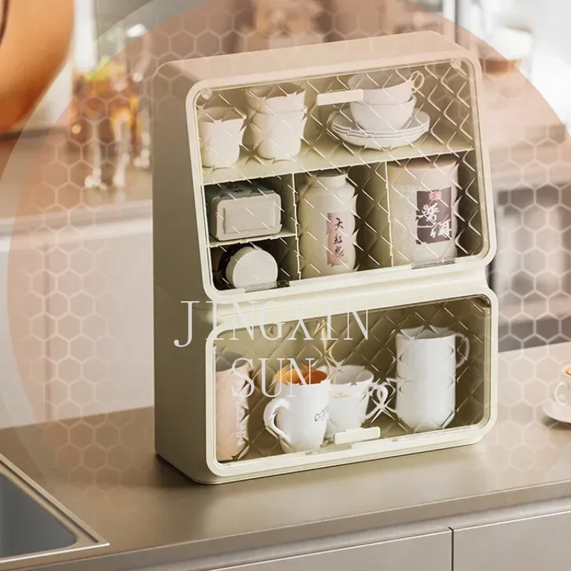 Desktop Kitchen Tea Cup Storage Rack Dustproof Kitchen Cabinet Coffee Mug Shelf Office and Bar Counter Household Organizer