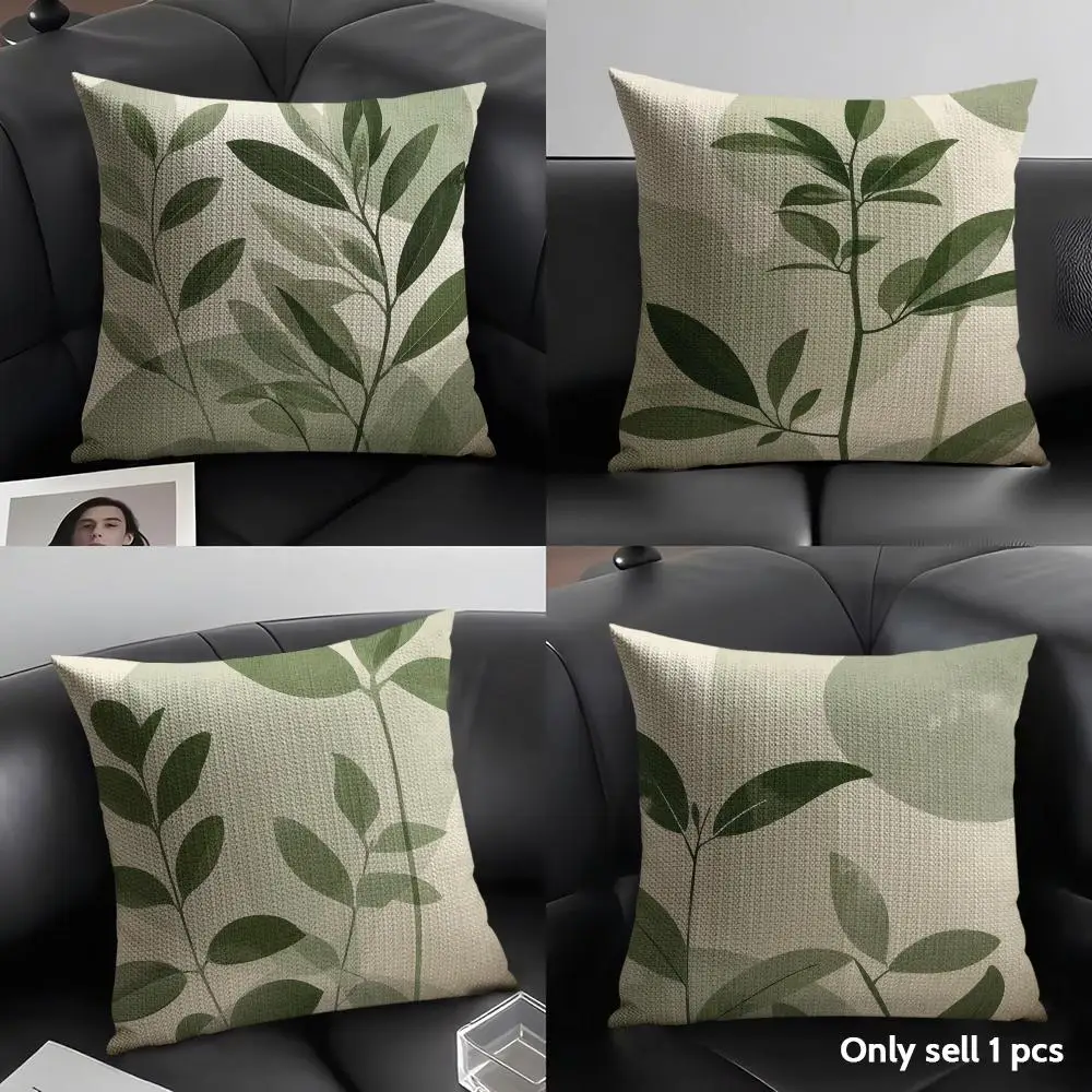 Boho Green Leaf Botanical Cushion Cover Natural Linen Organic Fabric Double-Sided Printing Breathable Perfect Gift For Decor