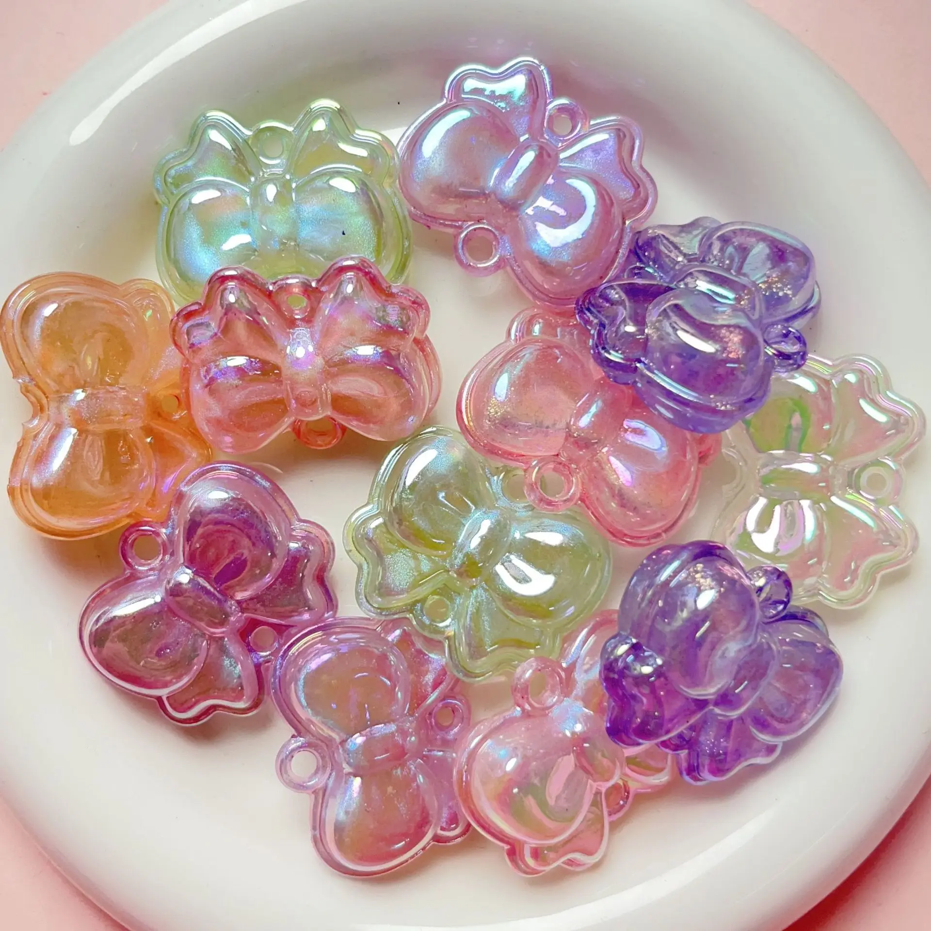 

AB Jelly Luminous Style Ribbon Knot Tie Bow Pendant Charms Fit Girls Bubblegum Necklace Bracelet Earring Making 30pcs 29*35mm