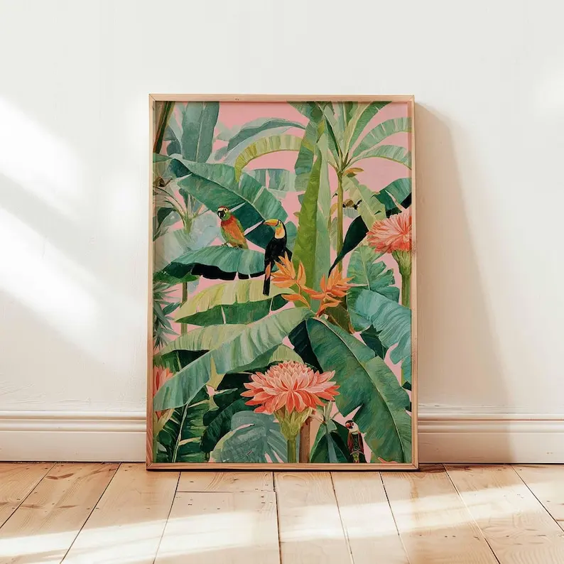 1 pôster retrô tropical em tela, sem moldura, estampa botânica da natureza, folhas de selva, arte de parede para decoração de sala de estar e quarto