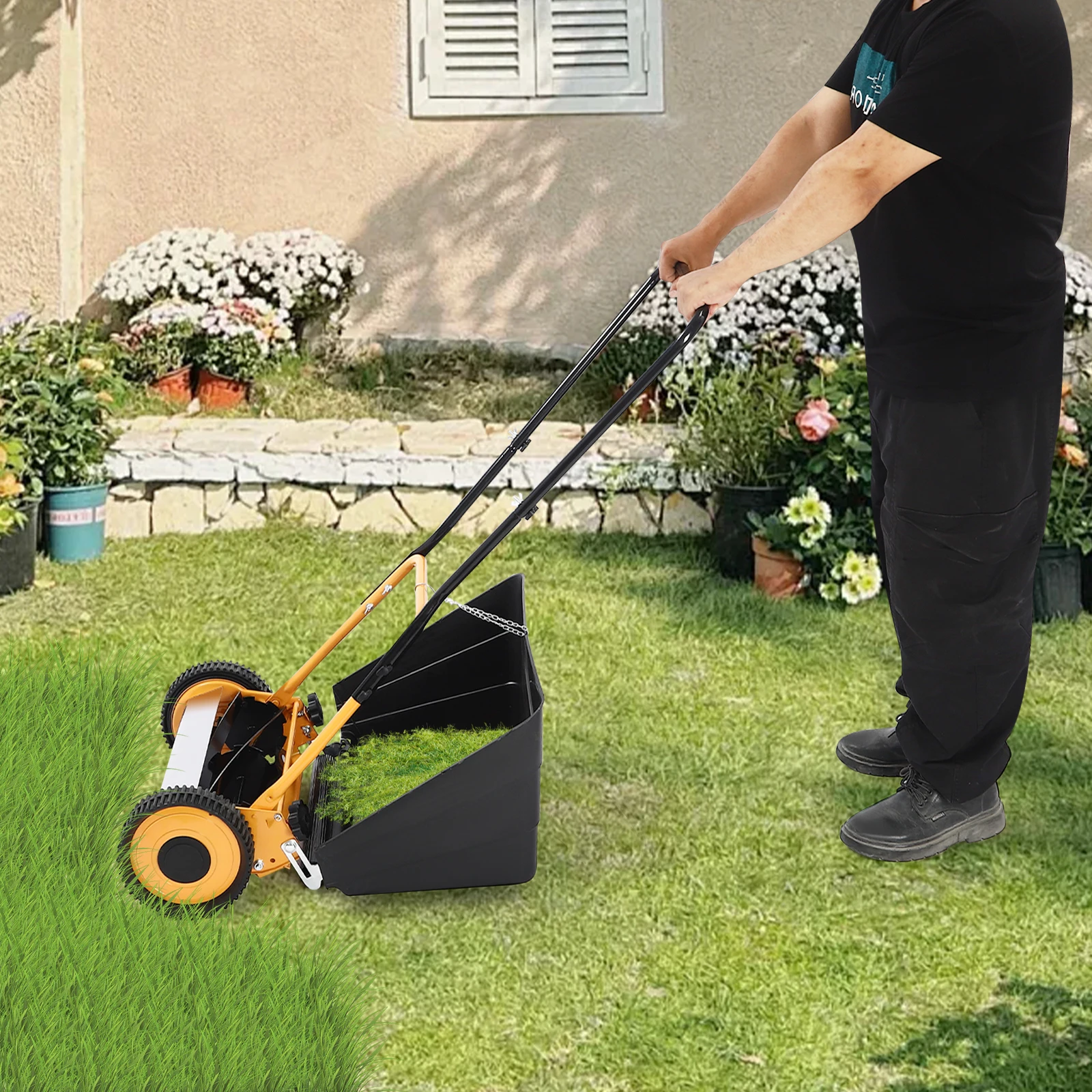 

Manual Walk-Behind Lawn Mower with Adjustable Height, 14-Inch Cutting Width, 4 Sharp Blades, Eco-Friendly and Easy to Push for