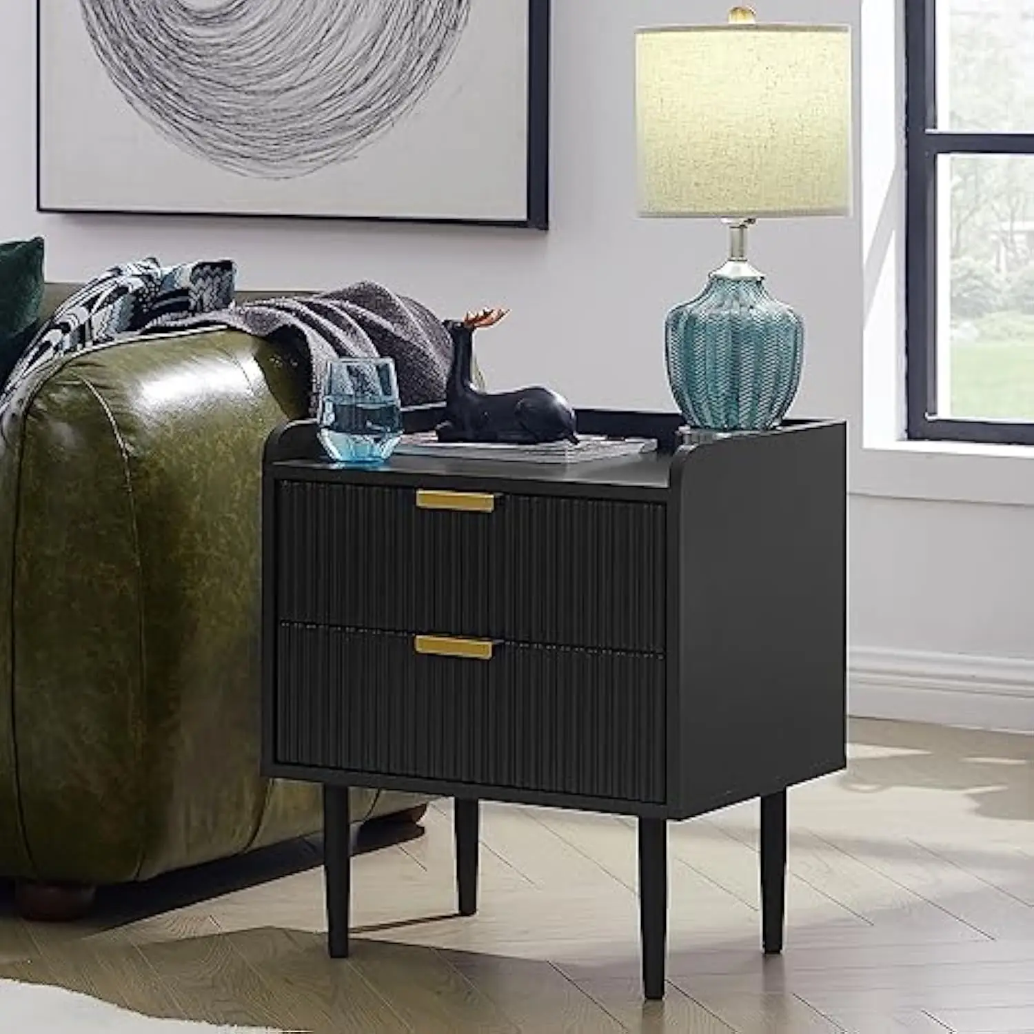 

Black Nightstand, 20 Small Side Table, Modern Bedside Tables with 2 Stroage Drawers, Wood Night Stand, Sofa Storage End Table