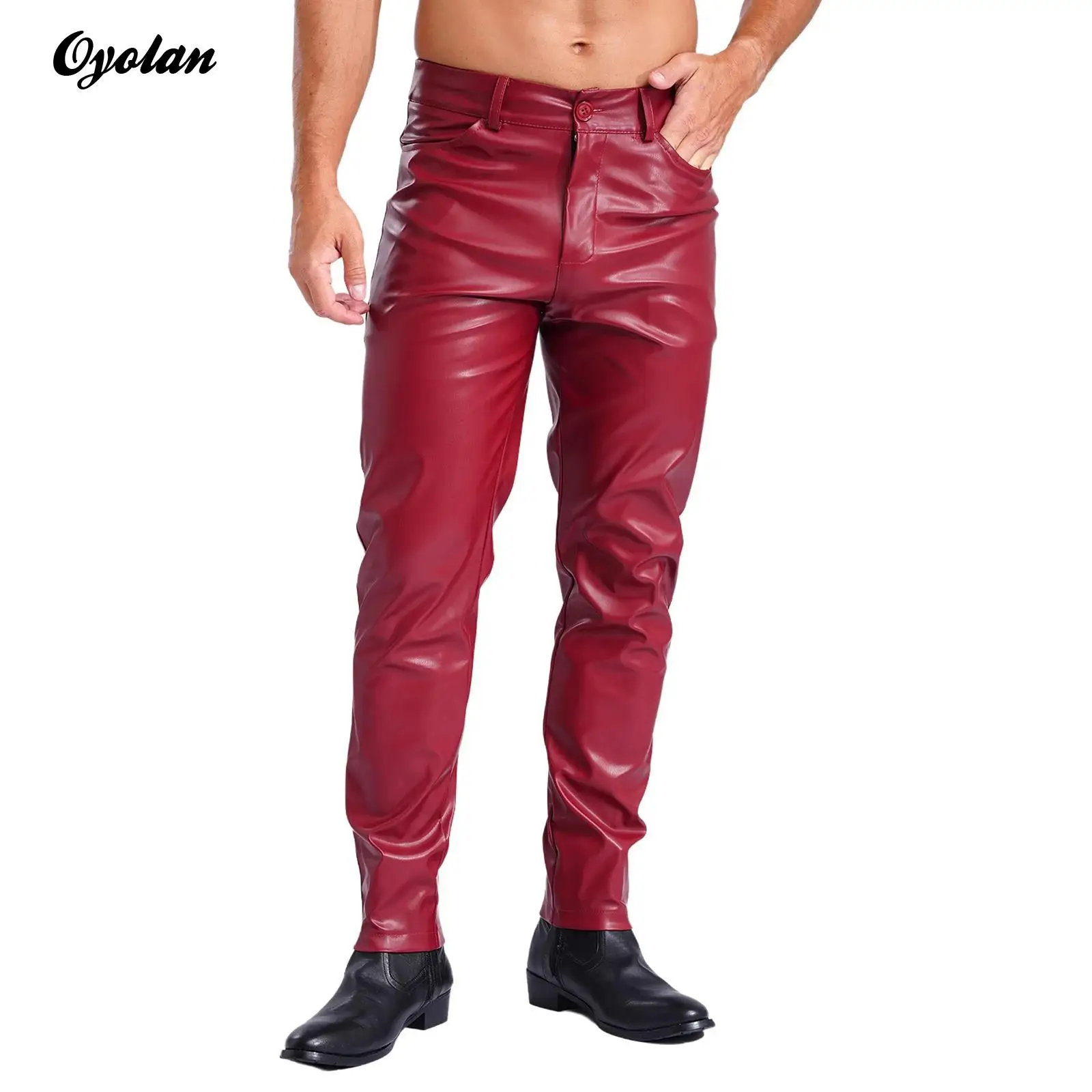 Mens Faux Leather Tights Leggings Pants Pockets Smooth Lining Straight Pants Music Festivals Clubwear Rave Party Clothings