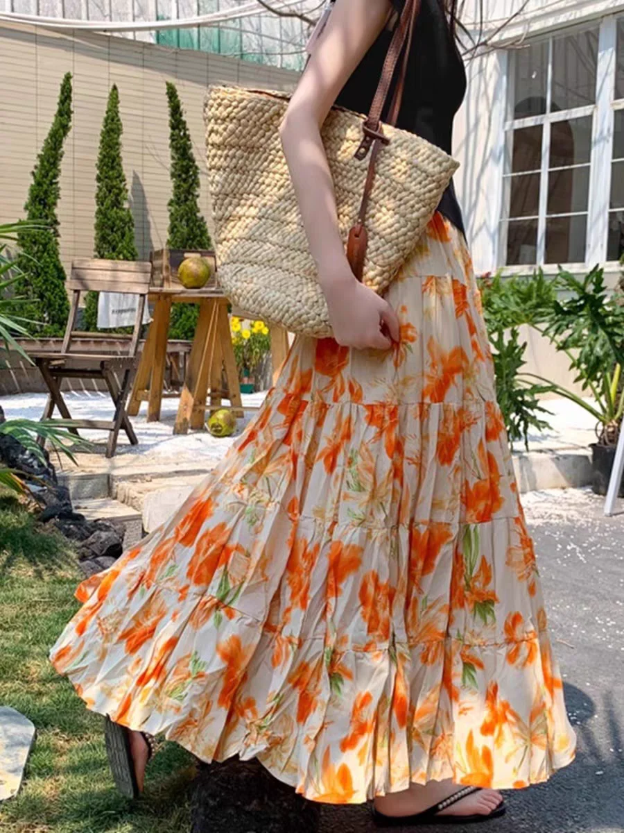 Colorful Bohemian Print Maxi Skirt Summer 2025 High Waist Flowy A-Line Vacation Skirts For Petite Women