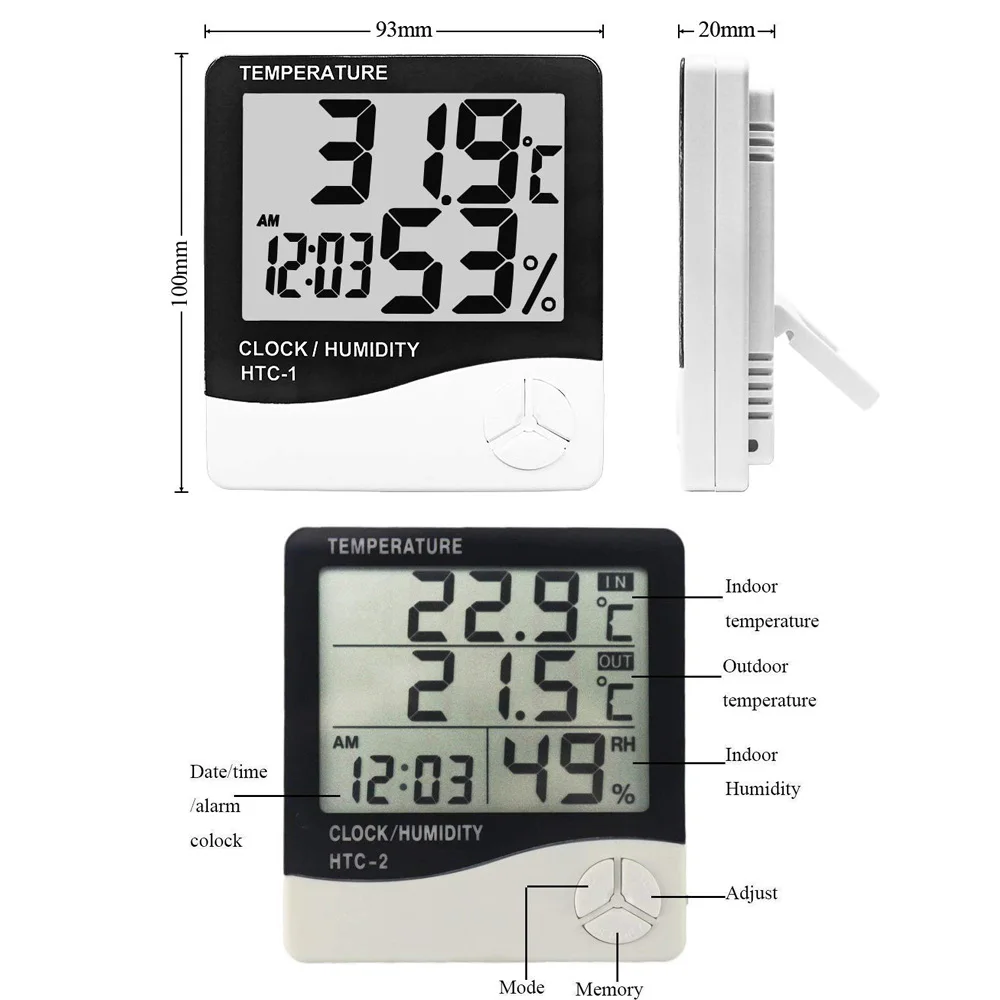 LCD Electronic Digital Temperature Humidity Meter Thermometer Hygrometer Indoor Outdoor Weather Station Clock HTC-1 HTC-2