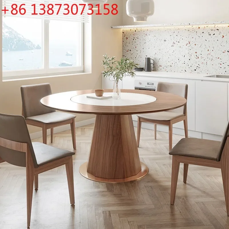 Solid wood round dining table with embedded turntable household modern small apartment walnut wabi sabi dining table
