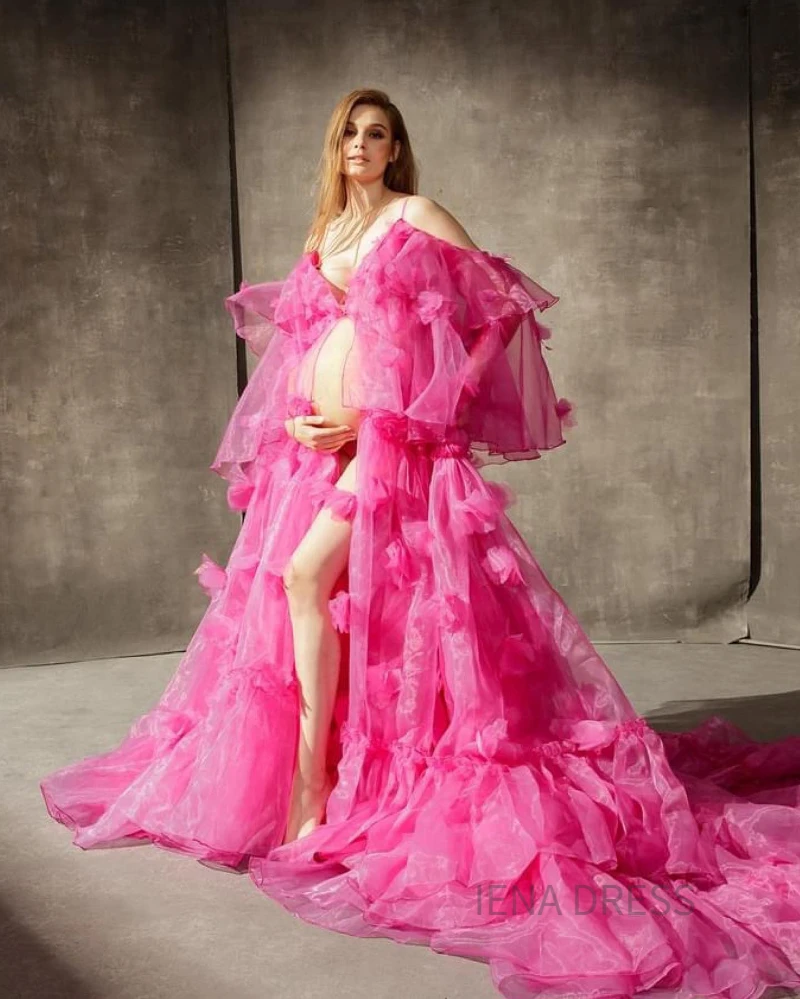 18135 # Fashionablehot Pink Organza Gebloemde Zwangerschapsjurk Voor Fotoshootzwangerschap Sexy Spaghettibandjes Open Voorste Zwangerschapsjurk