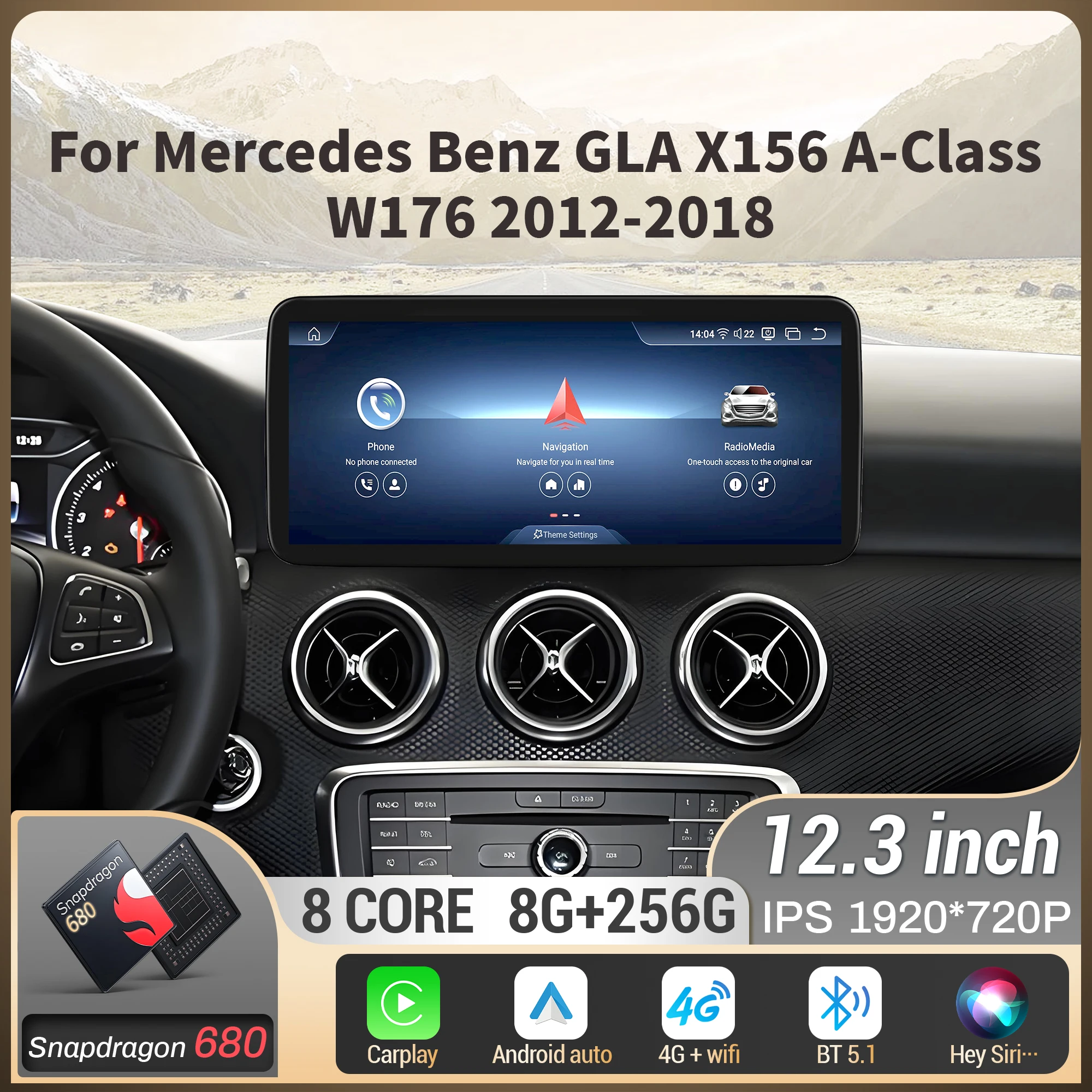 

12,3-дюймовый автомобильный радиоприемник для Mercedes Benz GLA X156 A-Class W176 2012 2013 2014-2018, беспроводной Carplay Snapdragon 680, процессор: экран SM6225