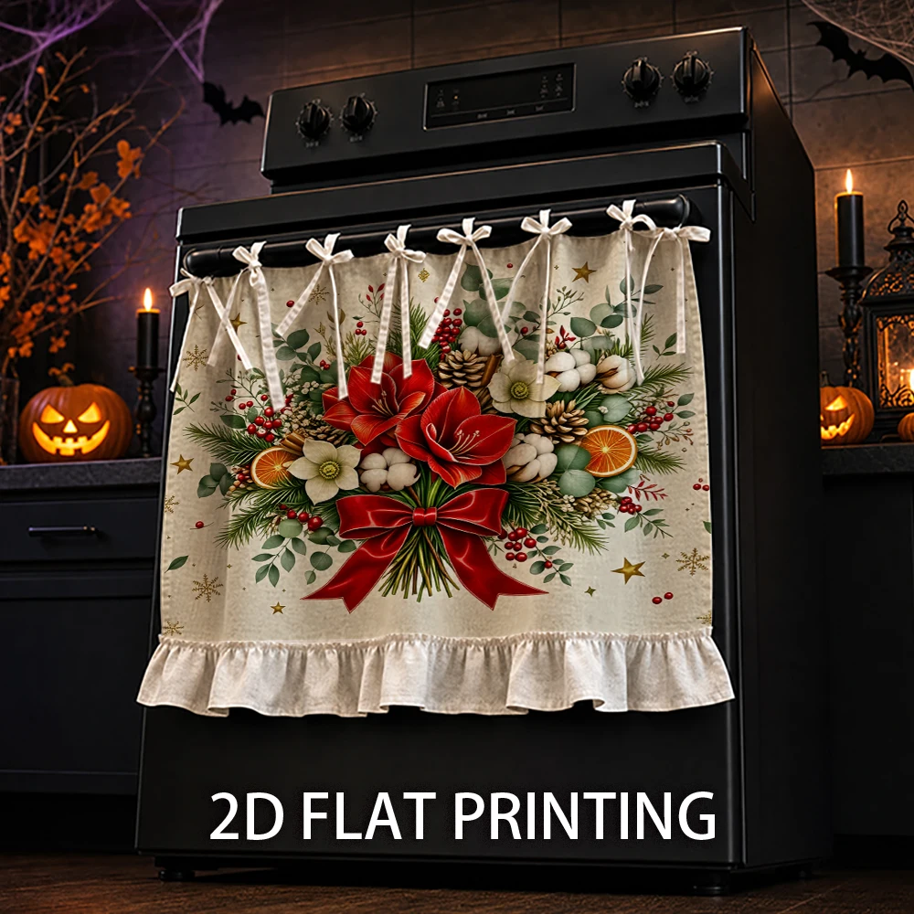 1PC Christmas Kitchen Stove Curtain—Cabinet Curtain—Apron. Features a festive design with red amaryllis, pinecones, berries, and