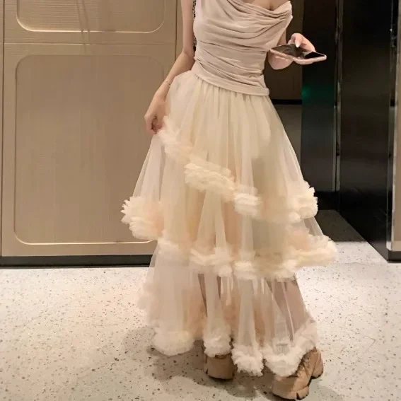 

NICE Gentle Wind High-End Irregular Lace Half Skirt Women's Winter High Waist Loose A- Line Fairy Cake Skirt Polyester Fiber