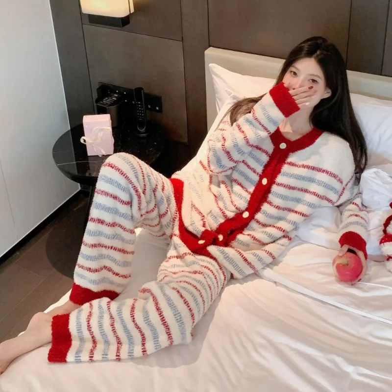 Vintage Striped Red Fleece Loungewear Women Soft Thick Cardigan Pajamas Autumn Winter Warm Outdoor Indoor Wear Clothing One Size